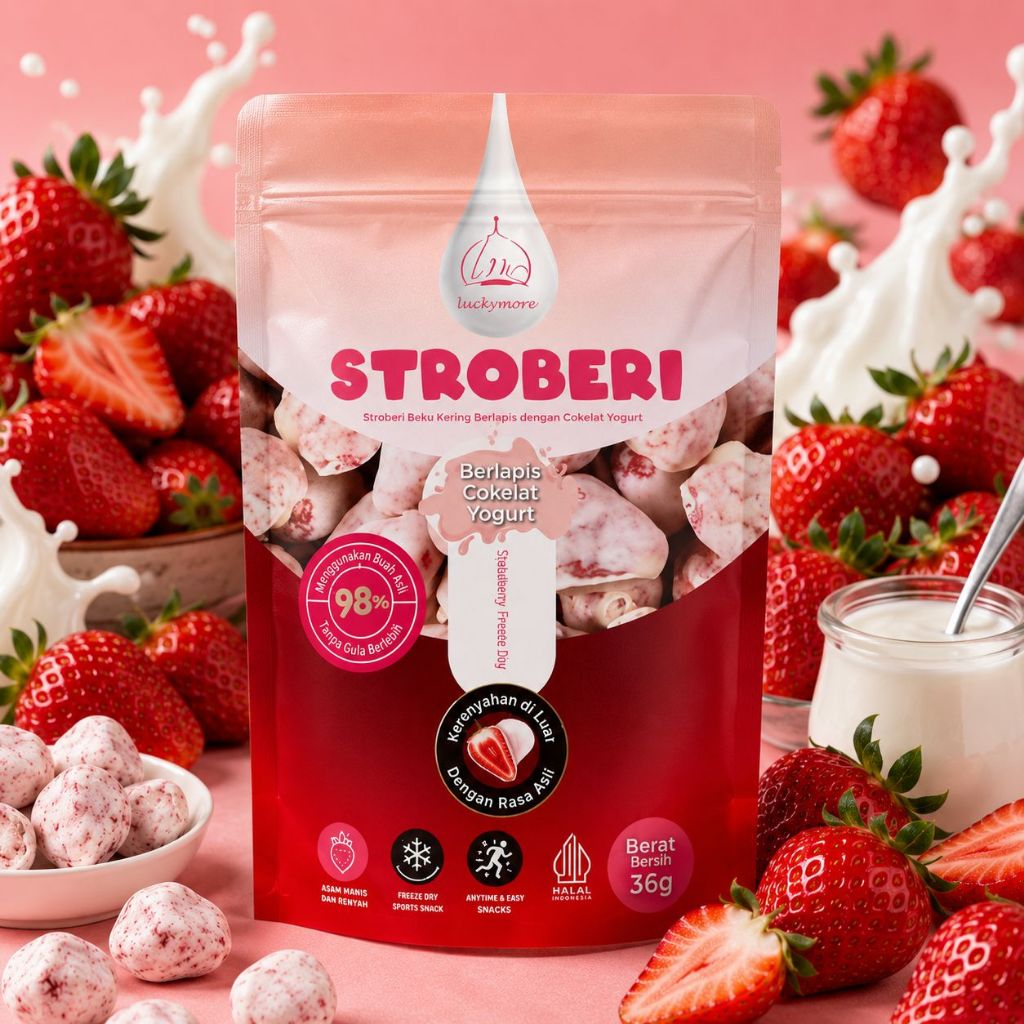Camilan Stroberi Beku Kering 36g | Freeze Dry Strawberry Yogurt Crunch Premium