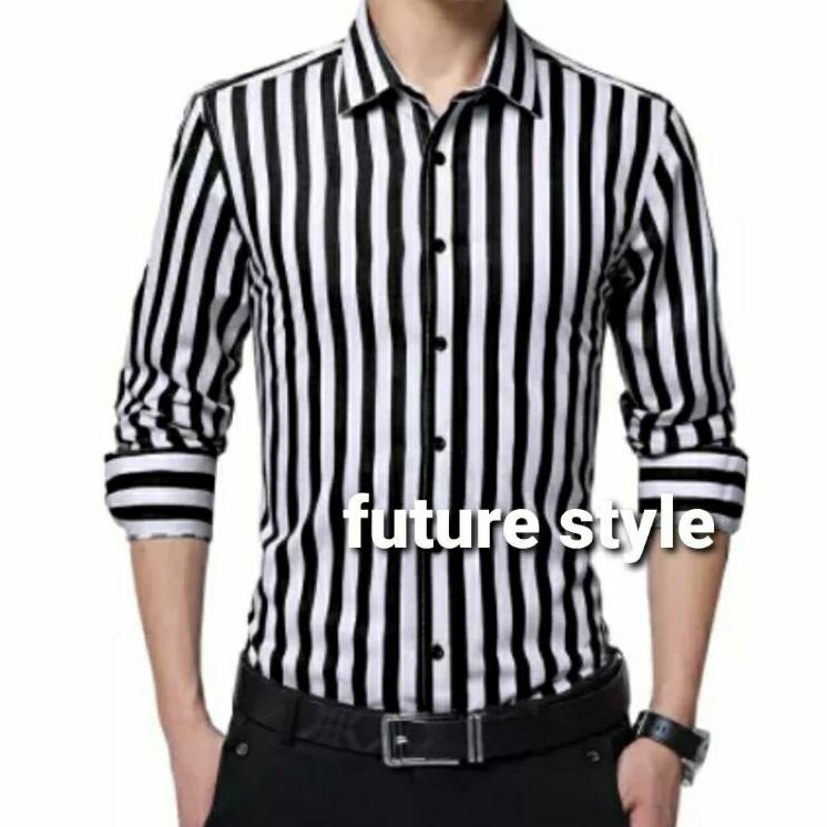 Kemeja Garis Salur Hitam Putih Pria Lengan Panjang Ganjar Pranowo Katun Baju Garis garis Hitam putih
