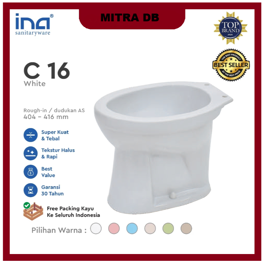 INA C16 CLOSET KLOSET TANPA TANGKI DUDUK SIRAM + TANPA TUTUP KLOSET