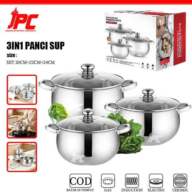 JPC Panci Sup Labu Stainless Steel Asli Kapasitas Besar 15cm 20cm 22cm 24cm Panci Kukus Serbaguna Un