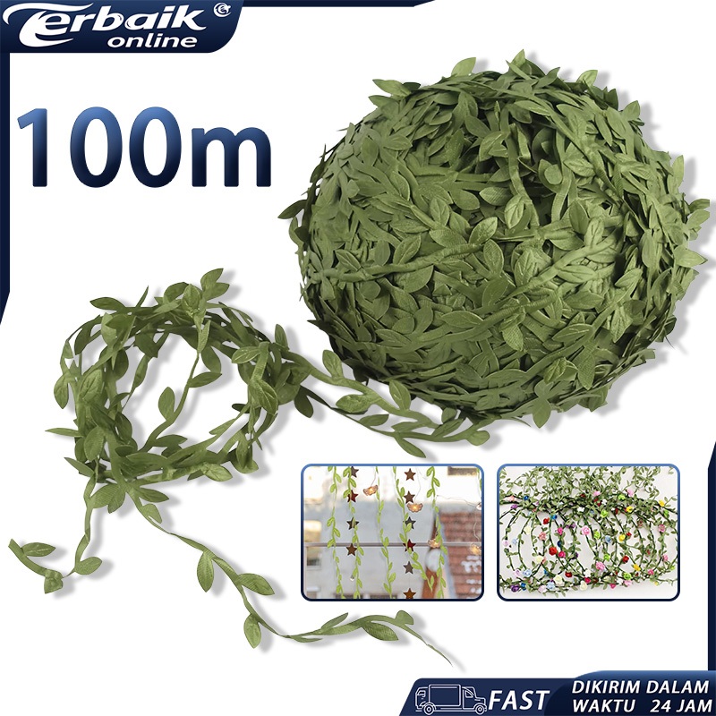 100m Tali Daun Bahan DIY  - Tali Pita Motif Daun Hijau - Pita Daun