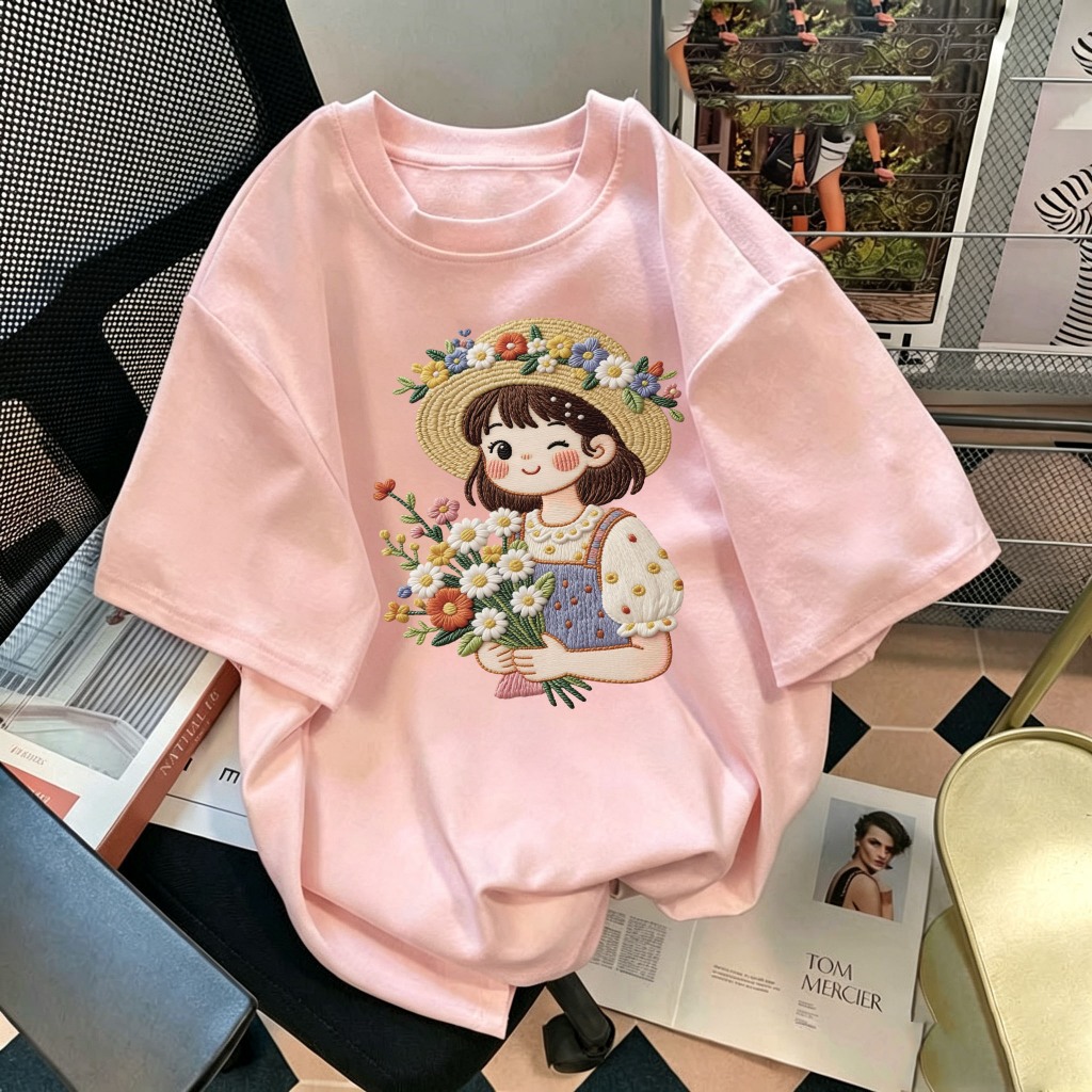 Atasan Wanita Motif Gadis Kecil Lucu Gaya Korea | Kaos Wanita Longgar Motif Kartun Korea | 100% Katu