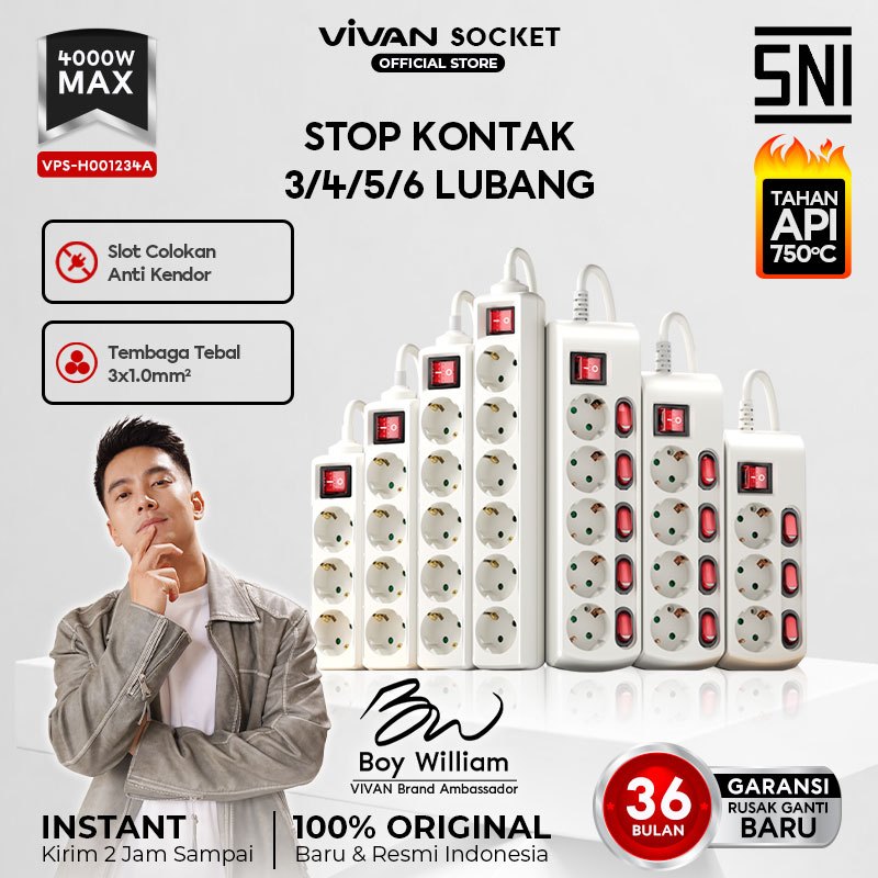 [SNI - Tahan Api 750 Derajat] VIVAN Stop Kontak Kabel 3/4/5/6 Lubang 1.6/3/5 Meter Colokan Banyak Ta