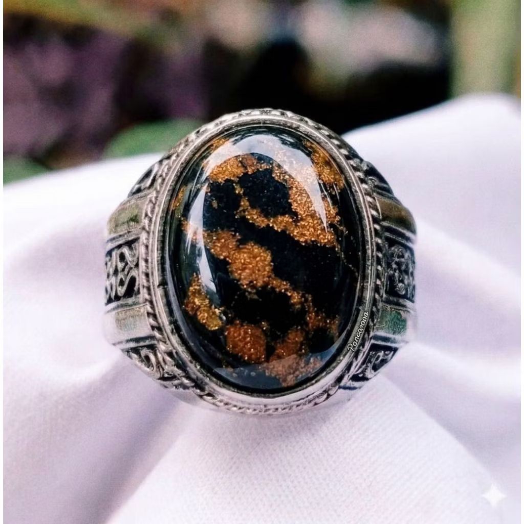 Cincin batu akik pirus mesir hitam urat mas mban Alpaka super