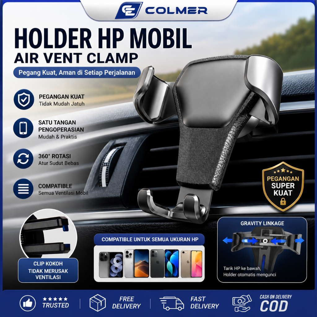 Colmer Holder HP AC Mobil Air Vent Clamp Universal Car Phone Holder Gravity Linkage 360° untuk Andro