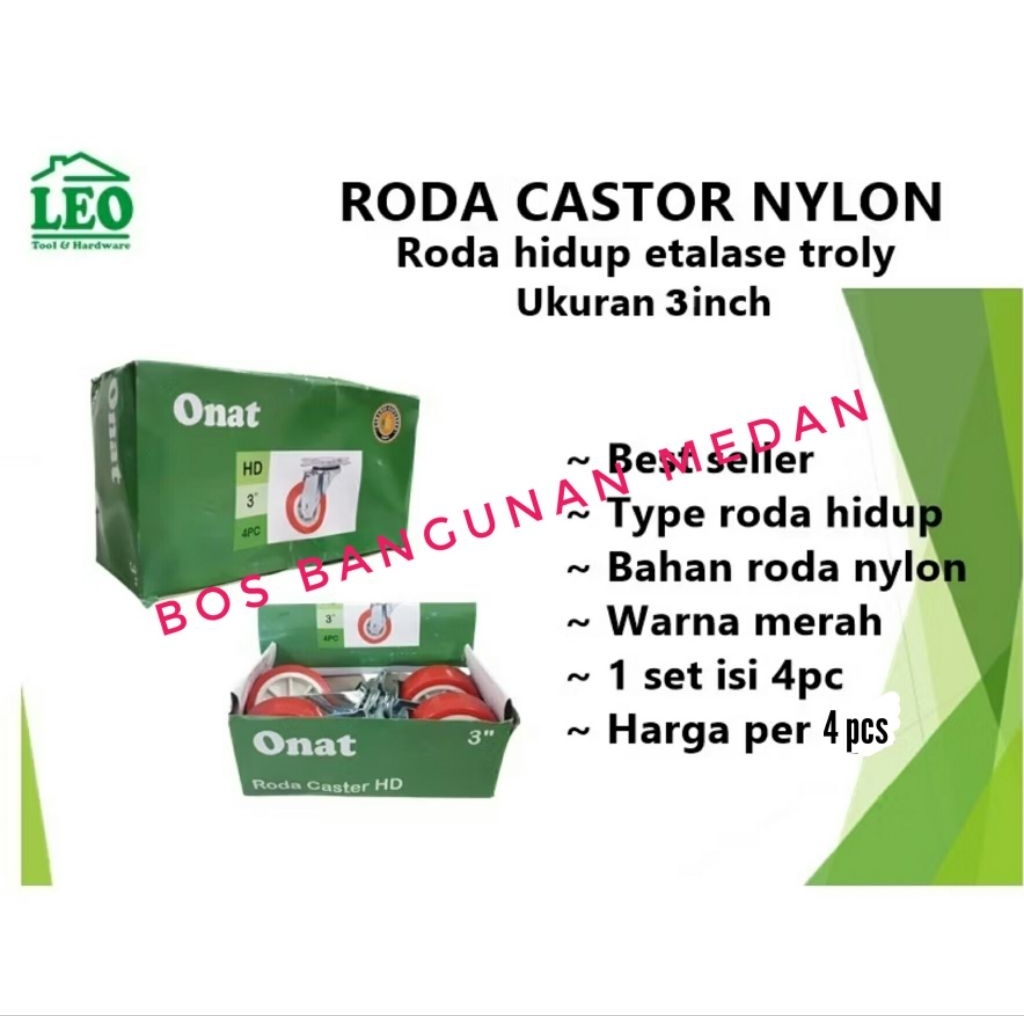1 Set (4pcs) Roda Caster Merah Rem Bidup 3 Inch / Roda Nilon Nylon Gepeng Merah Rem 3 Inch / Roda Tr