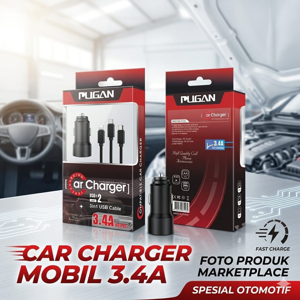 PUGAN CAR CHARGER CASAN HP MOBIL 3-1 USB KABEL FASH CHARGING 3.4A
