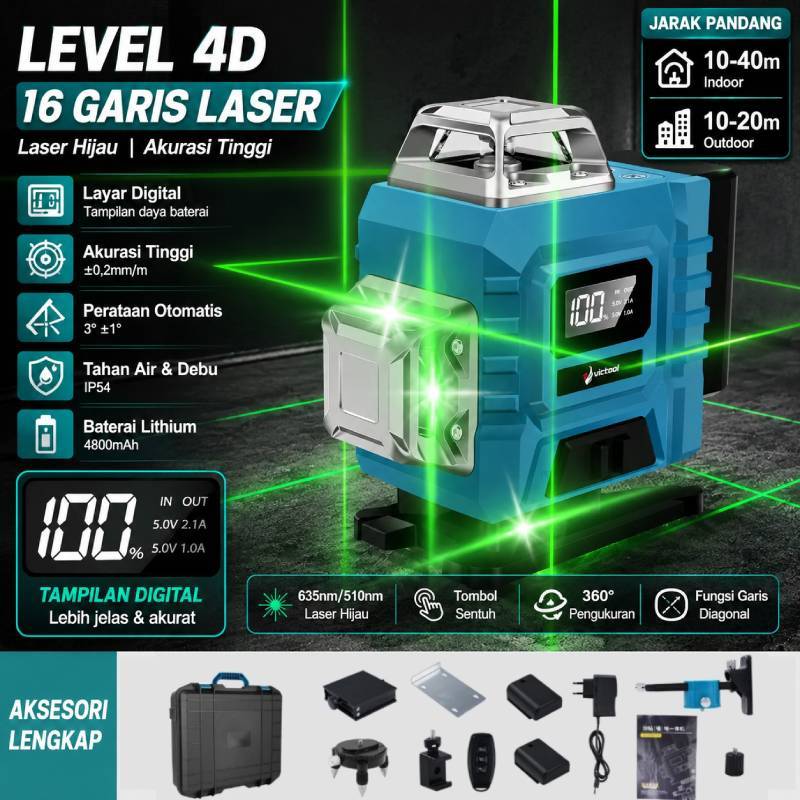 VICTool  Laser Level 4D 8/12/16 Lines Hijau Self Leveling 360° Waterpass Laser Tukang Bangunan Untuk