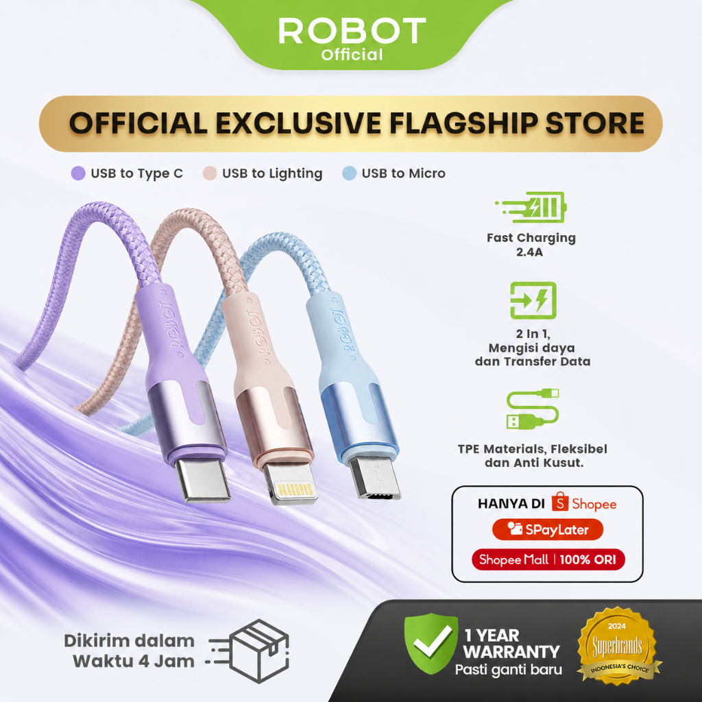 ROBOT Kabel Data 1M Original Fast Charging 2.4A Type-C Micro Lightning – Kabel Charger dan Transfer 