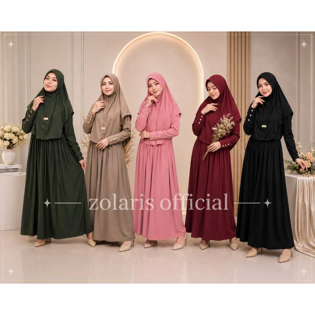 Elmeera - Gamis Jersey Premium Set Kerudung - Gamis Polos Simple Serut Pinggang Dewasa All Size