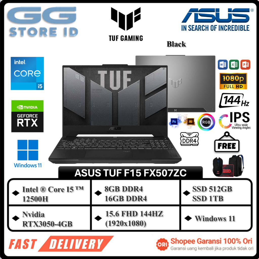 Laptop Murah ASUS TUF F15 FX507ZC Core I5 12500H RTX3050 RAM 16GB SSD 1TB FHD IPS RGB 144Hz Win11