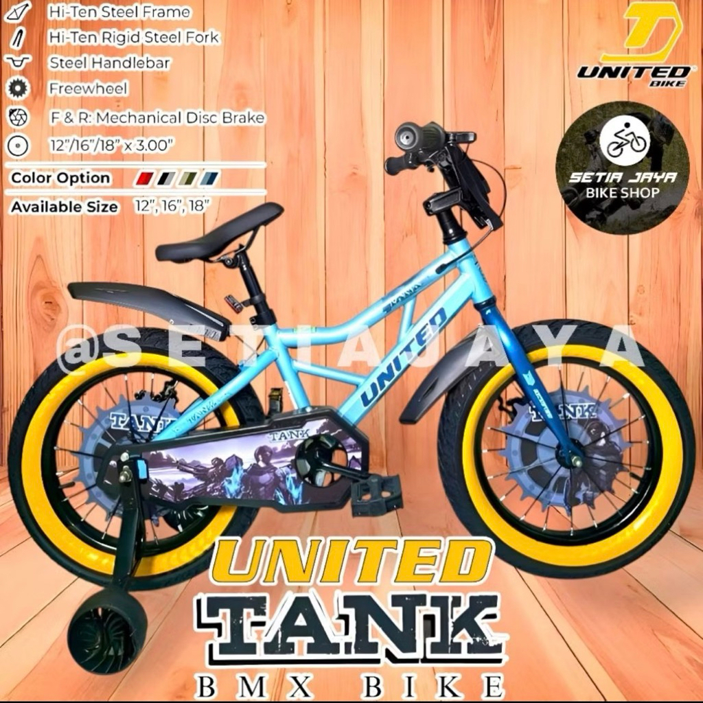 Sepeda Anak Blue BMX 16 Inch UNITED TANK Frame Steel, Ban Jumbo 3.0, Rem Cakram, Sepeda Anak Laki-La