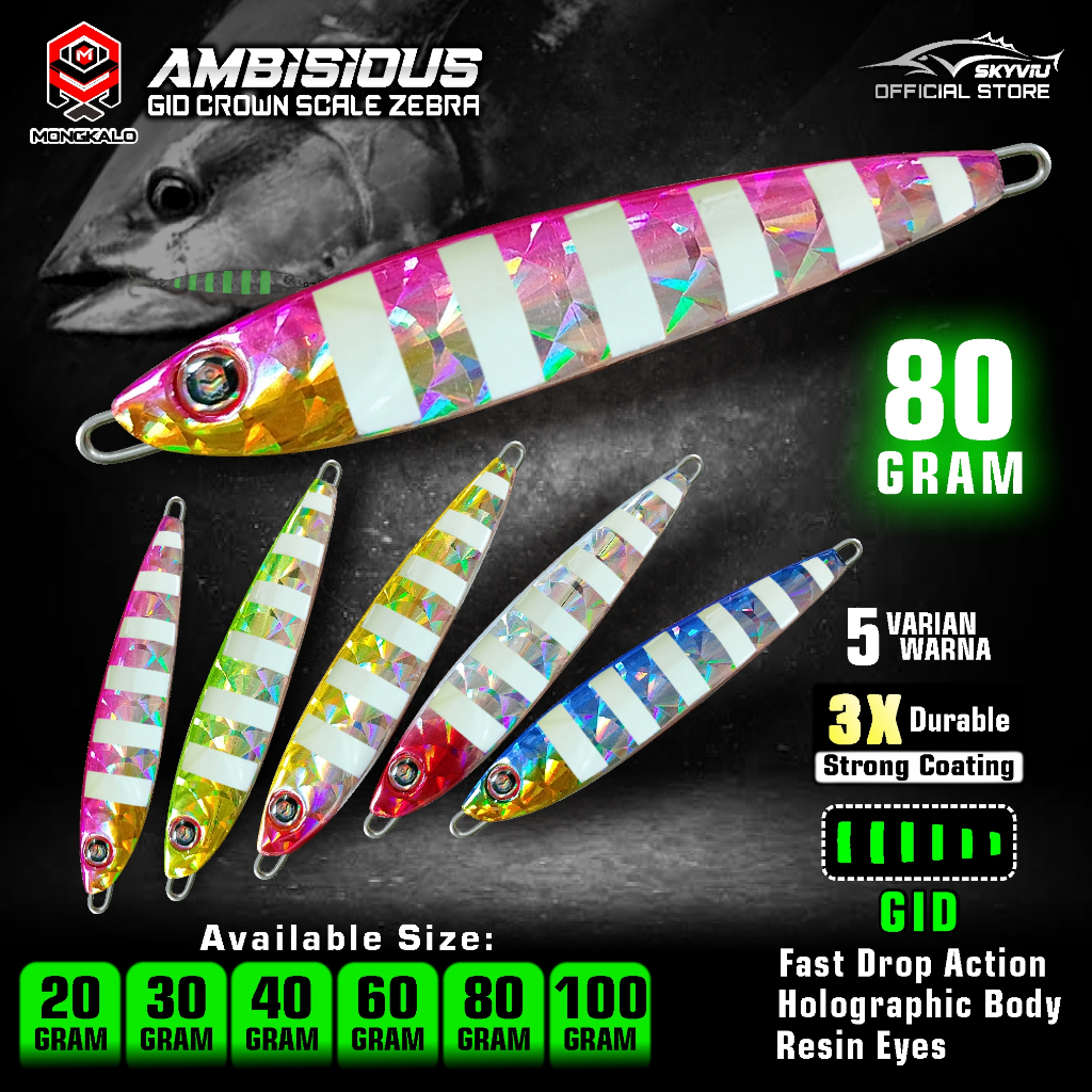 Umpan Metal Jig 80 Gram MONGKALO AMBISIOUS Hologram KIPAS GID Zebra 80g Umpan Jigging 80 grm Menyala