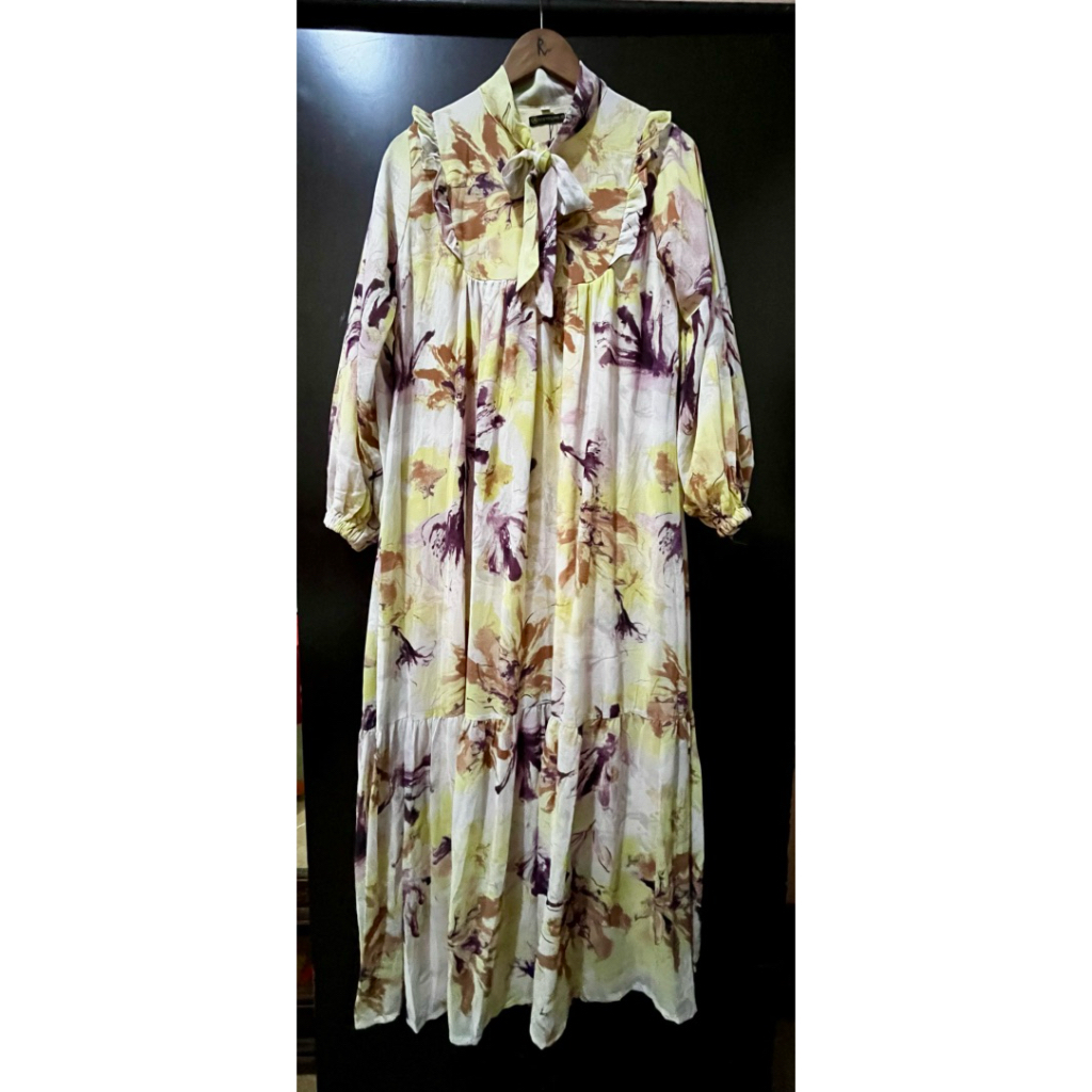 Preloved long dress gaun gamis Aisyalina kuning corak