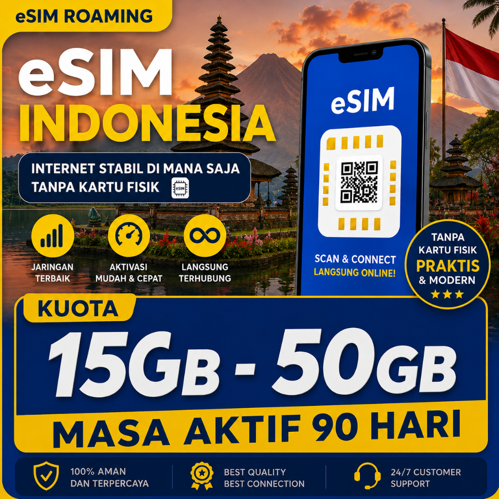 eSIM Indonesia 15GB - 50GB Masa Aktif 90 Hari | Jaringan Telkomsel dan Indosat | eSIM Roaming