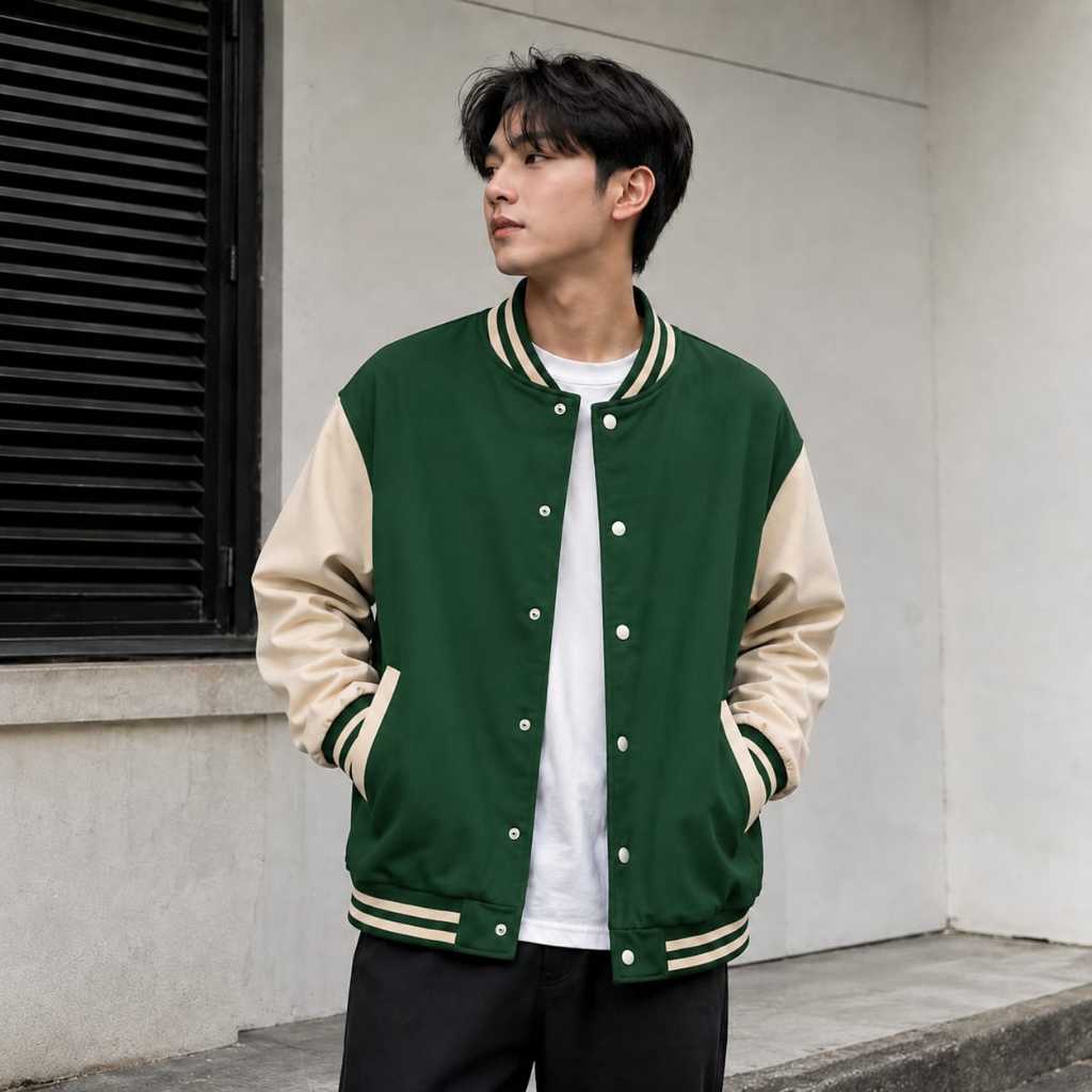 Jaket Varsity Polos / jaket Baseball Hitam Cream Unisex ( Pria - Wanita ) Remaja Dewasa