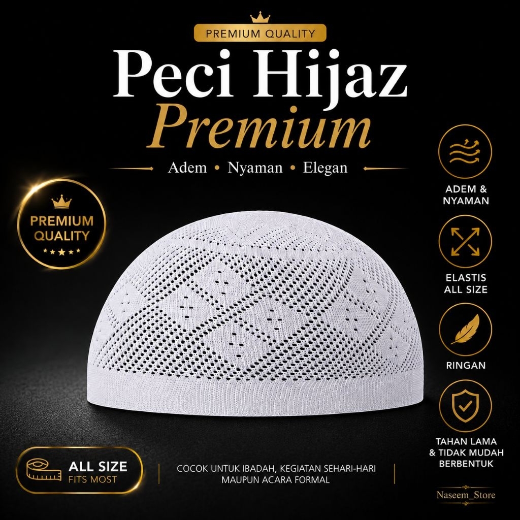 Peci Hijaz Premium Ori | Peci Rajut import Putih Dewasa All Size Nyaman & Adem | Souvenir oleh-oleh 