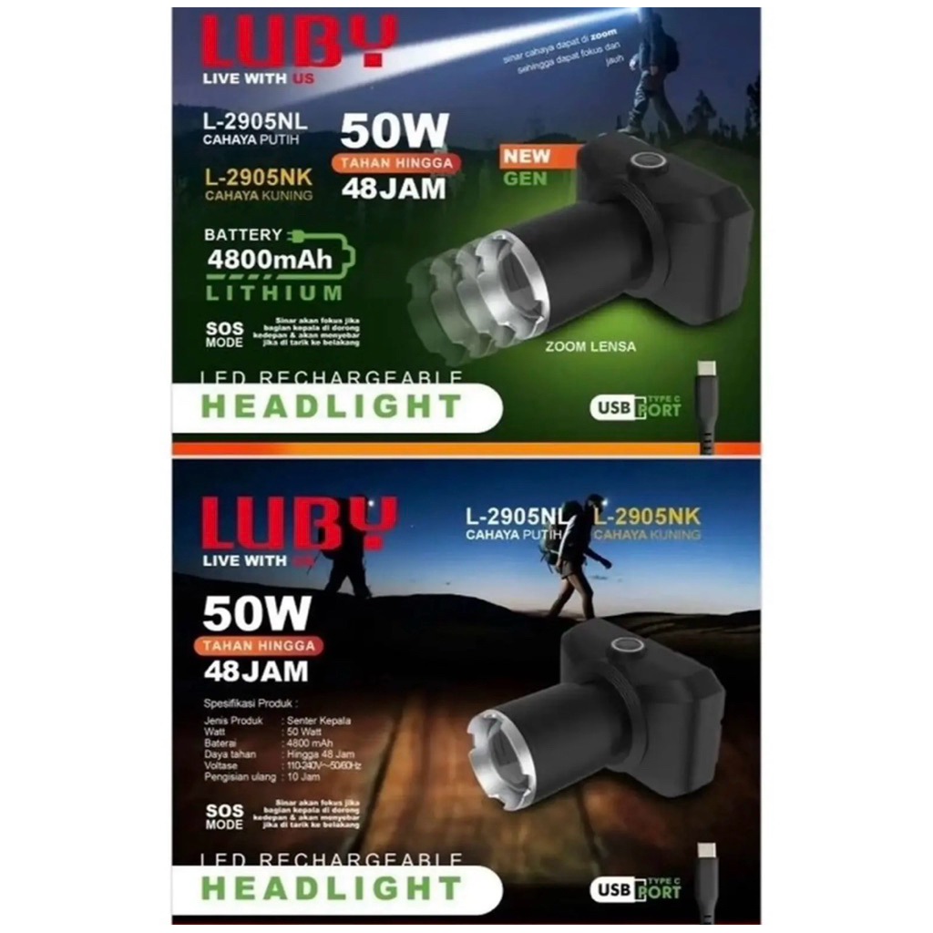 Senter Kepala LUBY L-2905NK/L-2905NL Original 50 Watt | Senter Kepala LUBY Lensa Bisa Dicopot