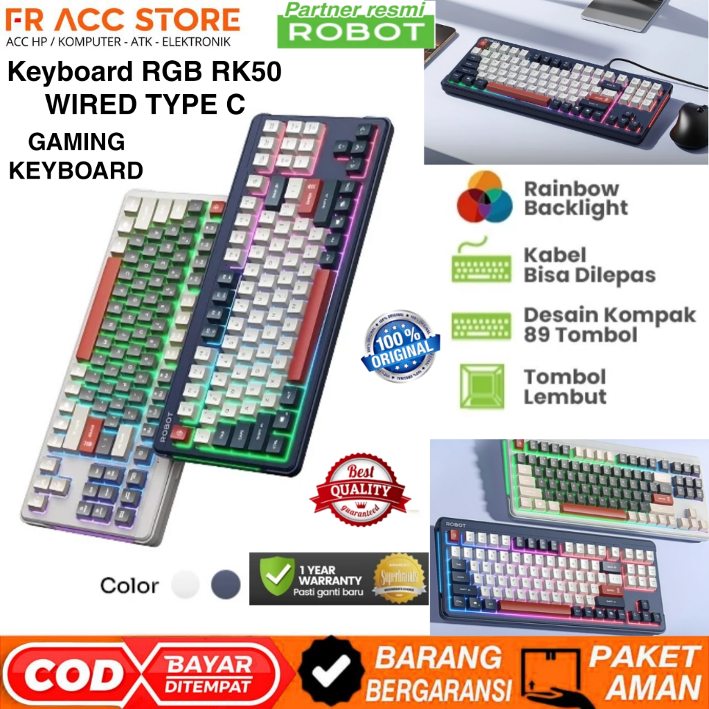 Keyboard RGB ROBOT RK50 GAMING Keyboard / Office Wired Keyboard Kabel Rainbow Backlight Type-C 89 To