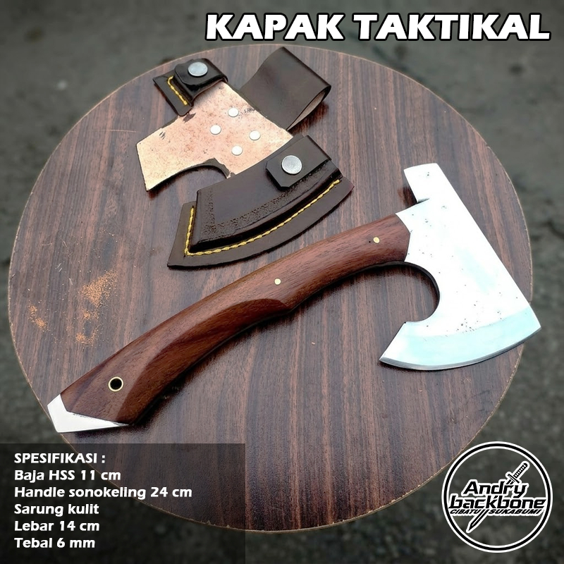 Kapak Genggam Outdoor Baja HSS Gagang Kayu Sonokeling Eksklusif