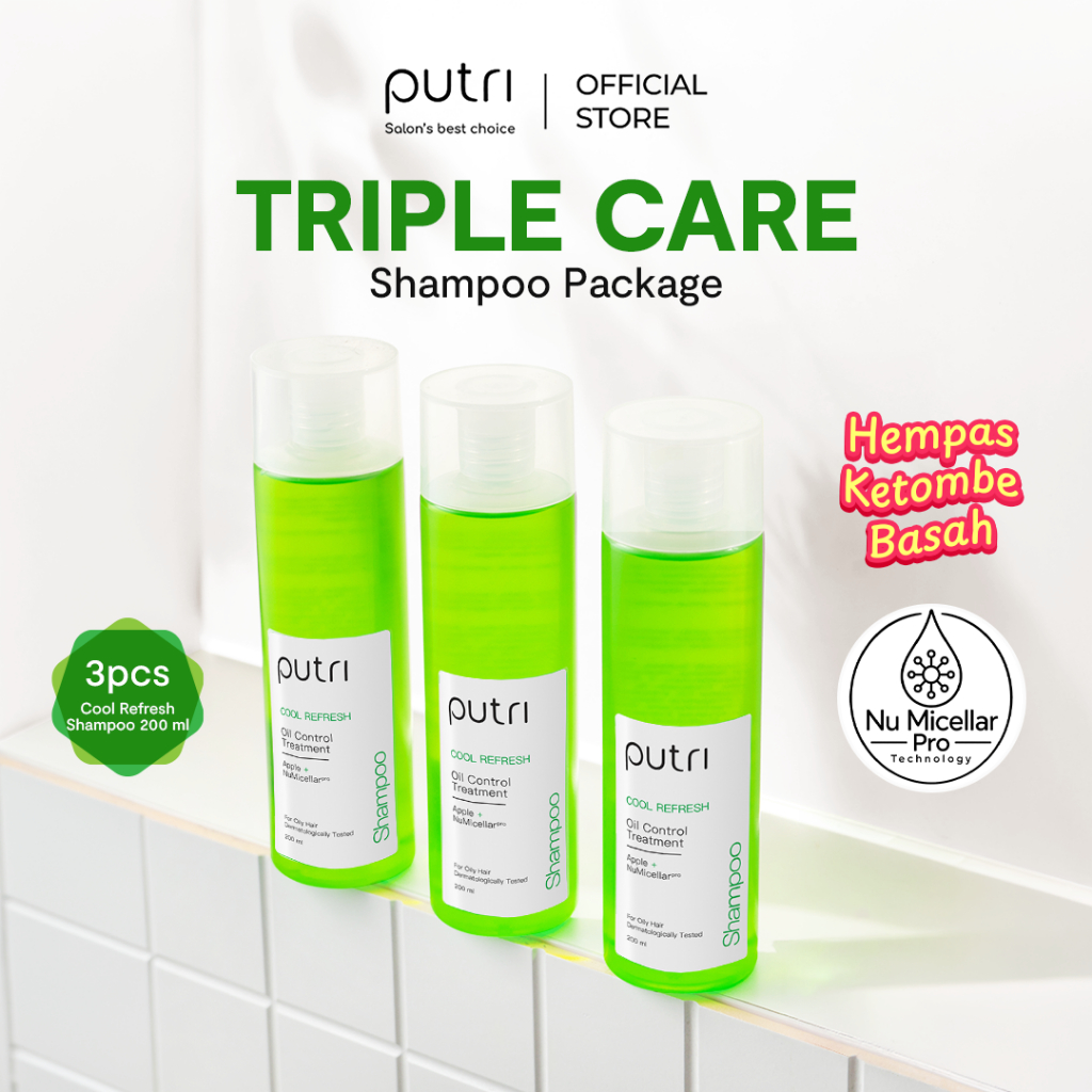 Putri Triple Care Pack Cool Refresh Shampoo 200mL x 3pcs | Shampoo Wangi Tahan Lama | Shampoo Rambut