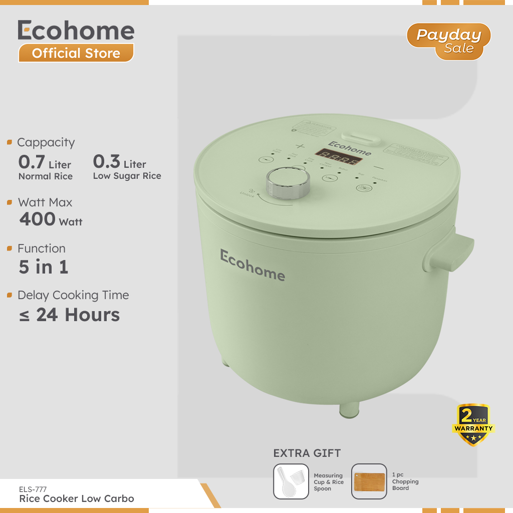 ECOHOME Rice Cooker Low Carbo ELS777 Low Sugar with 0.8L Penanak Nasi & Menghangatkan Low Watt