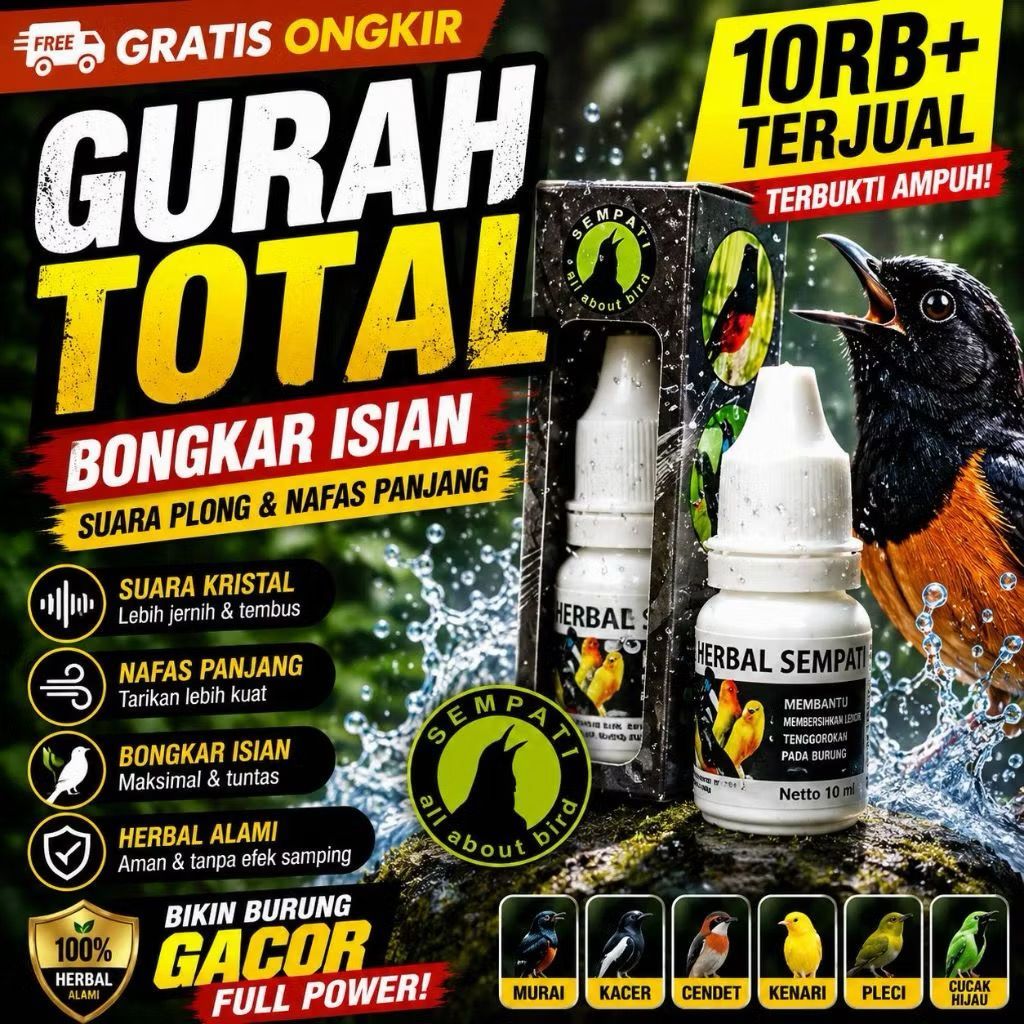GURAH TOTAL SEMPATI Obat Burung Serak Nafas Pendek Suara Kristal Full Power Murai Kacer Kenari Cucak