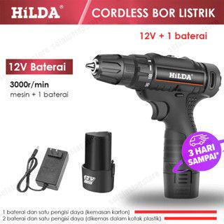 Bor Listrik Cordless HILDA 12V - Mesin Bor Tangan Baterai 3000RPM untuk Kayu, Besi, Dinding