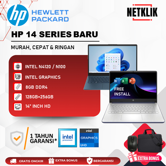 Laptop Baru HP 14 Intel N4120/N150 8GB 128GB Win11 Murah Cepat Ringan