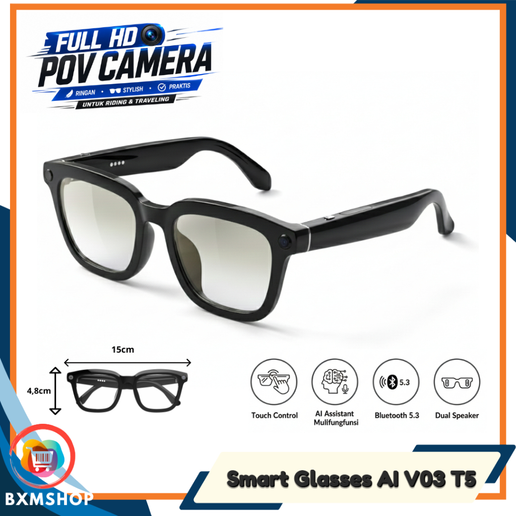 Smart Glasses V03 T5 Kacamata AI Assistant Kacamata Kamera POV HD 1080P Bluetooth Rekam Video