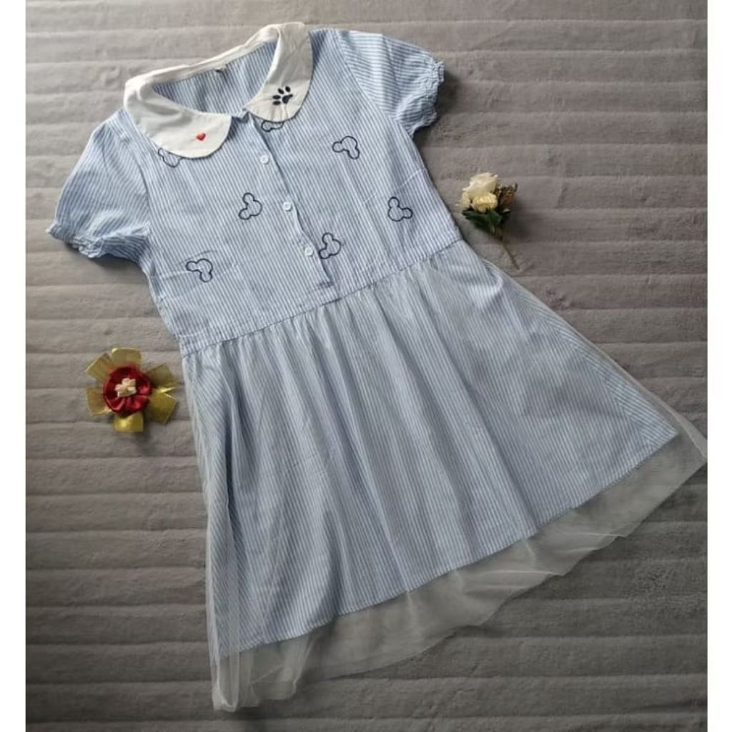 Midi Dress Biru Kerah Tile Motif Garis by Hanmeiyi – Elegan & Feminin