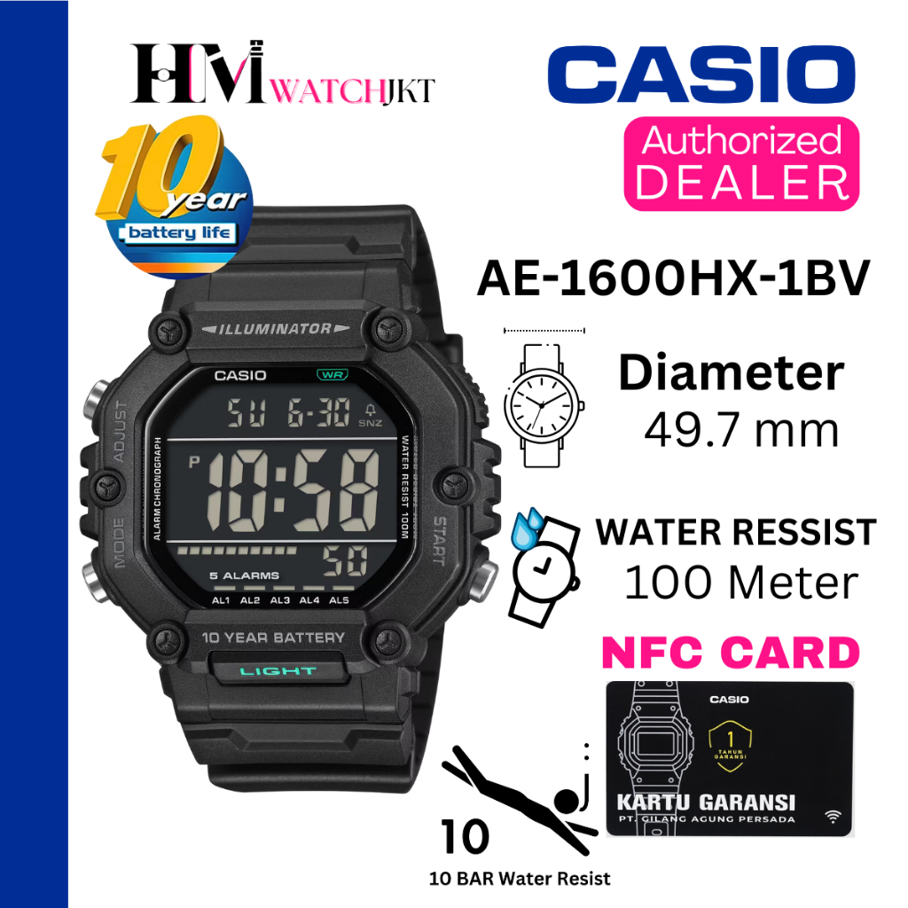 CASIO AE-1600HX-1BVDF Jam Tangan Pria Original Digital Rubber Antiair AE-1600HX-1BV AE-1600H