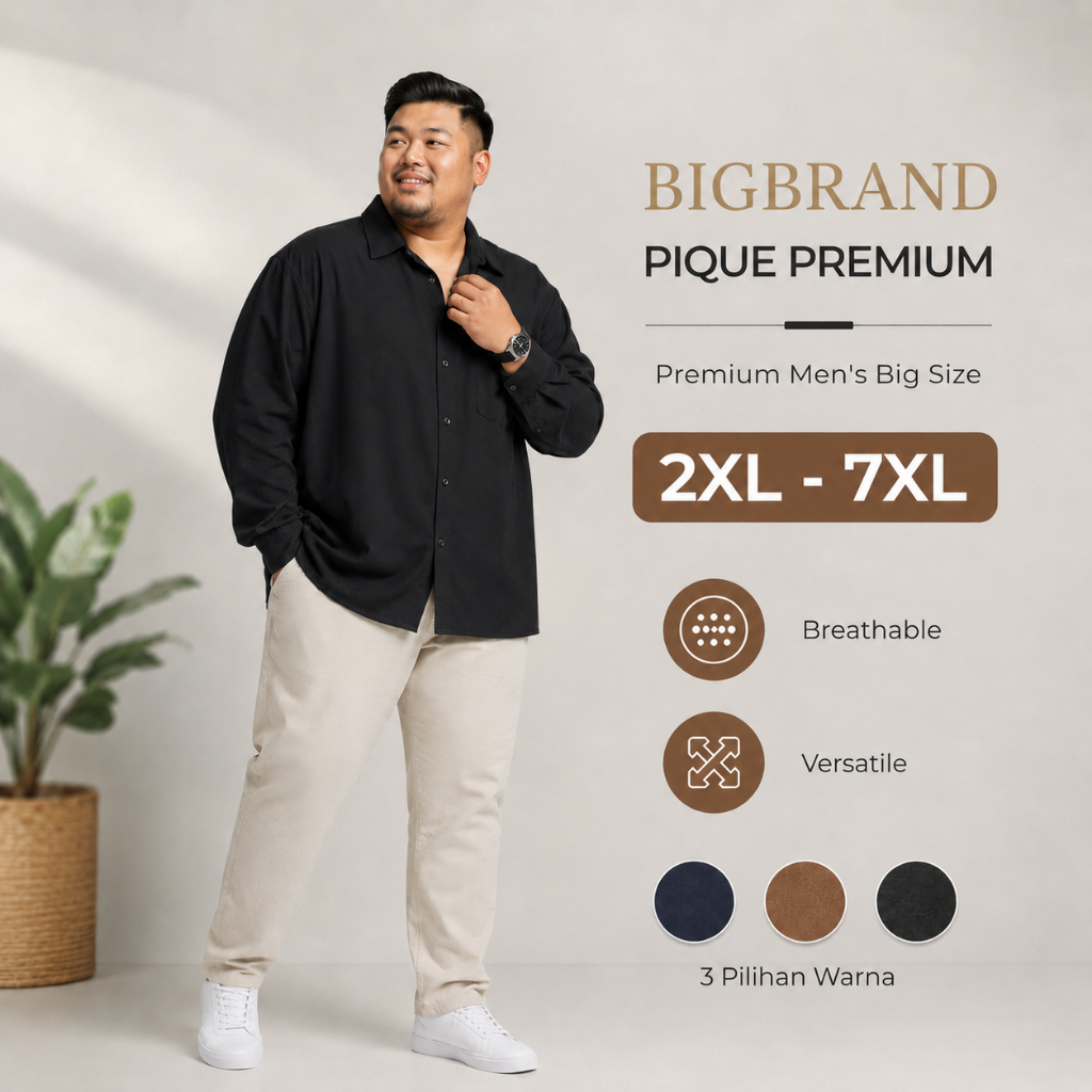 Kemeja Pria Oversize Big Size Jumbo Hitam Lengan Panjang Bahan Pique Premium Nyaman & Stylish