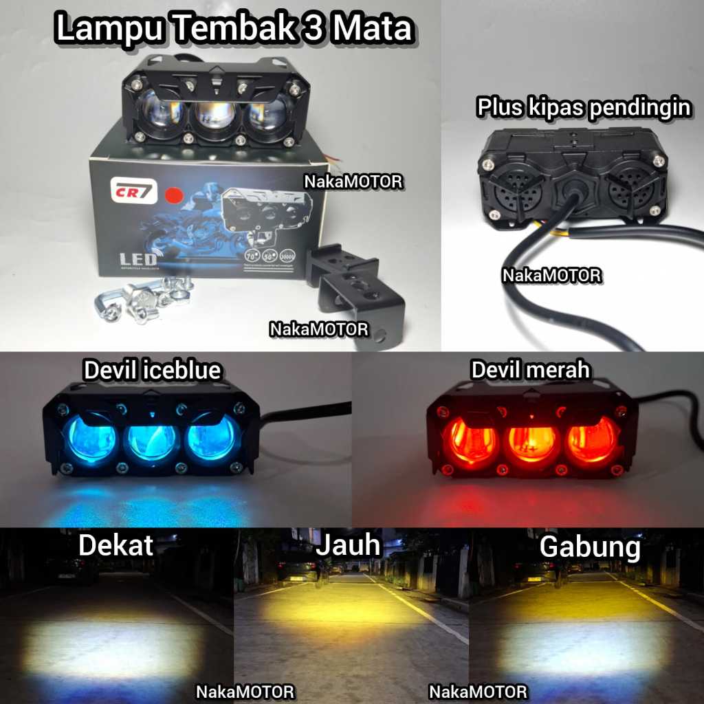 CR7 Lampu Tembak 3 Mata Transformer Dengan Kipas Pendingin