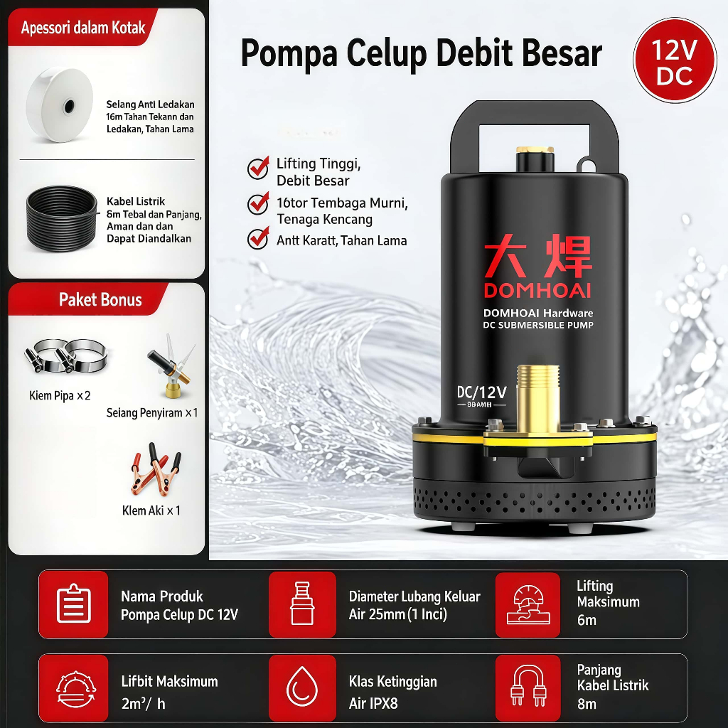 DOMHOAI Pompa Celup Air DC Kotor Mata Pisau Pompa Banjir Kolam Limbah & Rumah Tangga 180W 12v/24v
