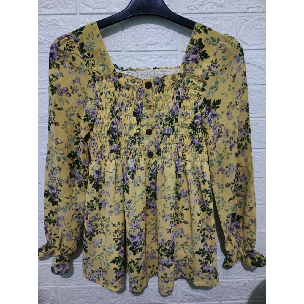 Baju atasan Smok motif  bunga seruti/warna kuning & bunga ungu/untuk usia dewasa