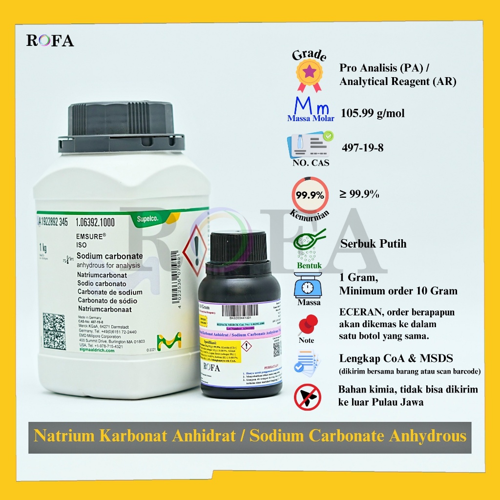 Natrium Karbonat Anhidrat / Sodium Carbonate Anhydrous / Na2CO3 Pro Analisis Eceran 1 Gram