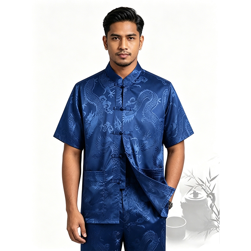 Kemeja Hanfu Pria Modern Merah Lengan Pendek Baju Koko Pria Dewasa Lengan Pendek Motif Kautsar - Ade