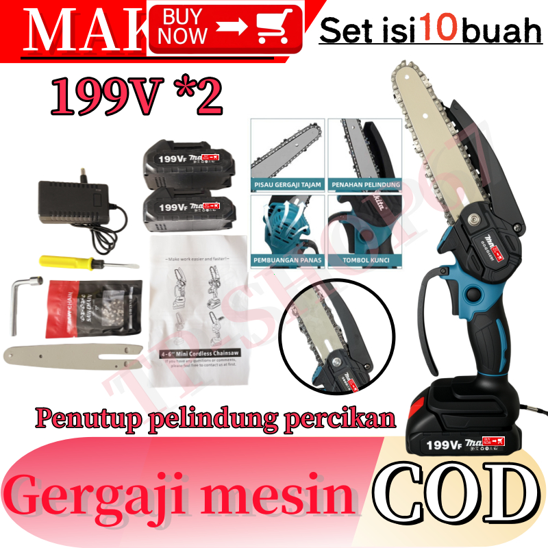 MKIT Chainsaw mini 6 /8 Inch Chainsaw Chain Saw Cordless 2 baterai  Mesin Lithium Gergaji Rantai Ele