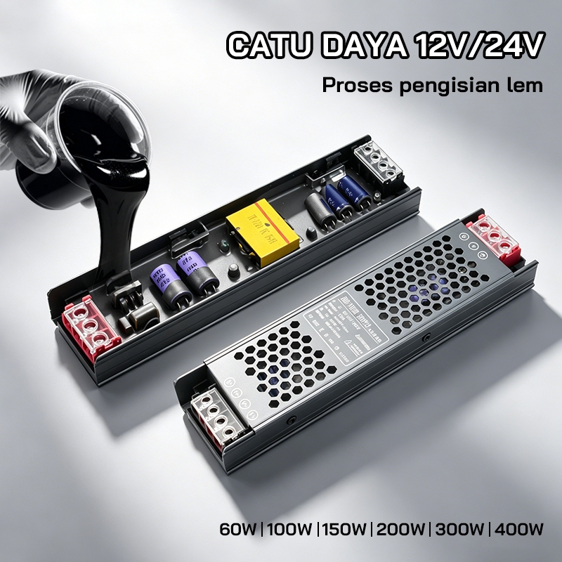 Trafo Adaptor Power Supply DC 12V 24V Slim Tipis Daya Stabil untuk Lampu LED Strip dan Sistem