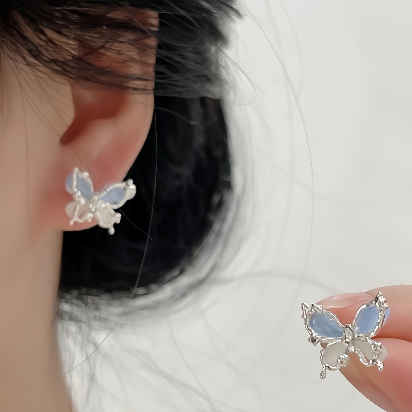 July Perhiasan- Anting Kupu-Kupu Kucing Mata Gradien Biru Putih COD