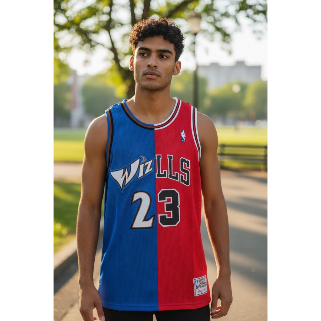 JERSEY BASKET PREMIUM IMPORT SPLIT WIZARDS x BULLS 23 MICHAEL JORDAN BIRU MERAH M N