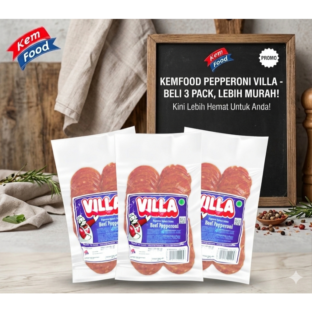 PAKET 3 PACK Villa Beef Pepperoni 225gr - Premium Pepperoni Topping Pizza, Roti dan Kue - 225gr
