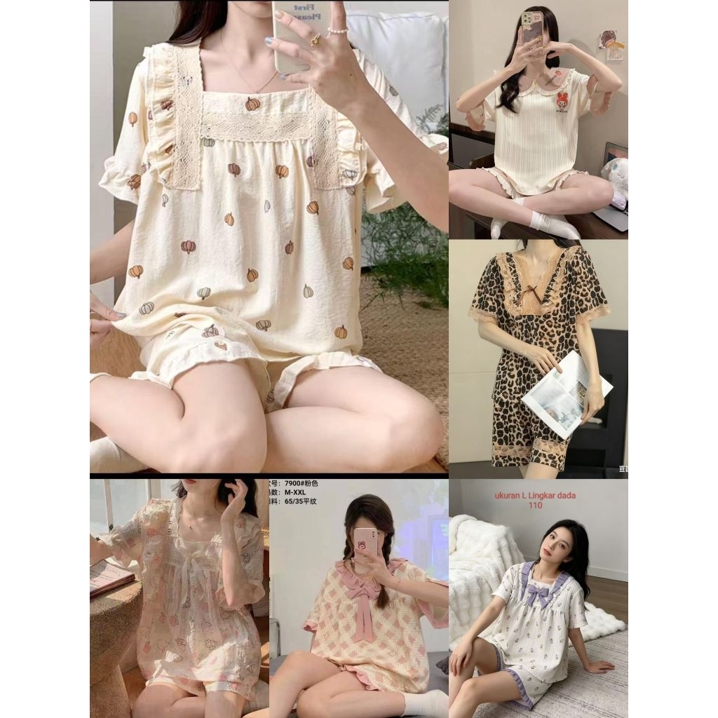Piyama stelanan renda pita baju tidur wanita premium import