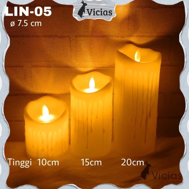 LIN05 Lilin LED Melted Plain BESAR Baterai Elektrik Api Bergoyang 10 / 15 / 20cm