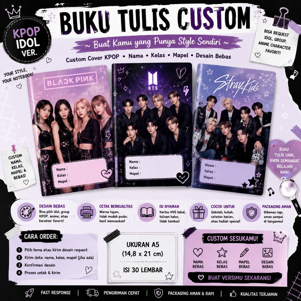 Buku Tulis Custom - Edisi KPOP, Idol, Anime, Karakter, dll
