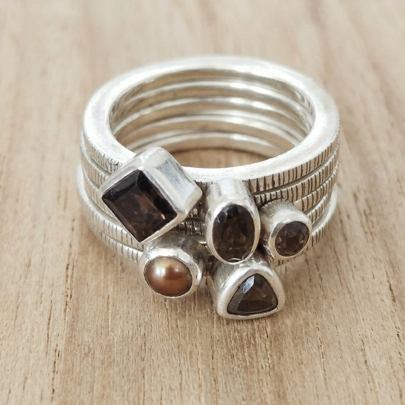 [PRELOVED] Cincin Perak - Janice Girardi Sterling silver 925 stack ring of 5, batu smoky quartz dan 
