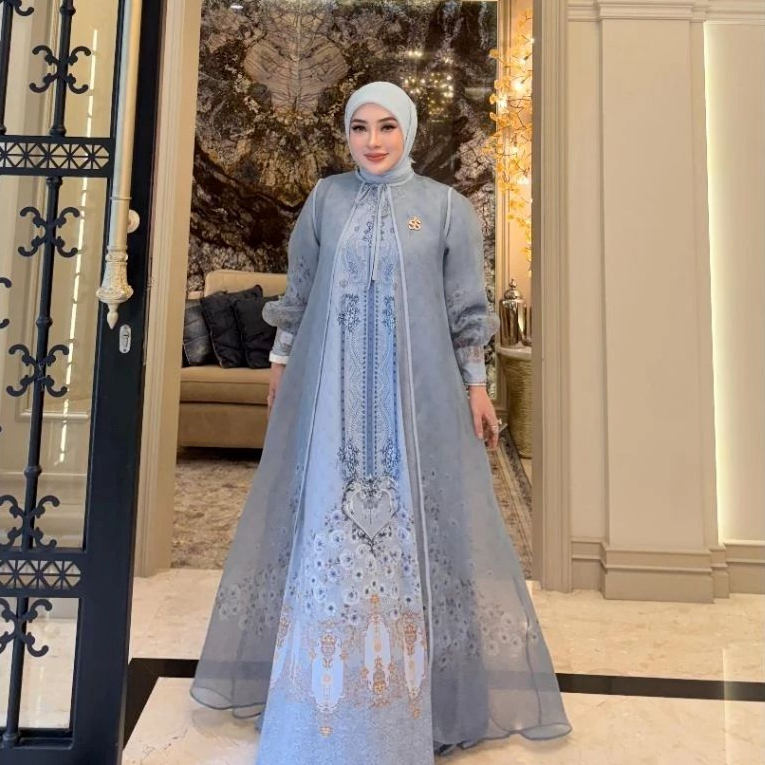 Sheila saukia ss gamis print dengan outer bahan marbella silk dan organza original 100%