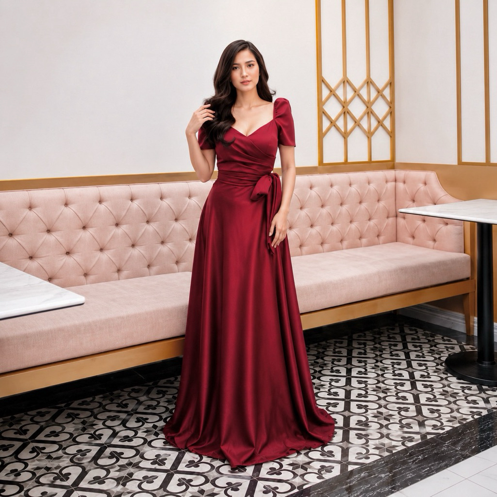 FINA GOWN - Gaun pesta wanita A line maxi dress square neck dress party big size jumbo ukuran besar 