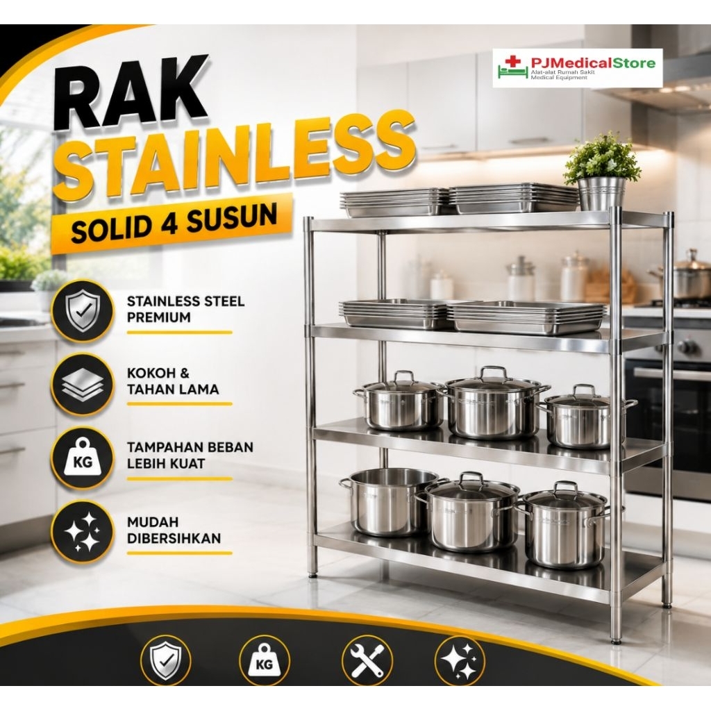 Rak stainless 4 susun MBG - Rak susun stainless restoran - rak stainless 4 tingkat - rak solid mbg -